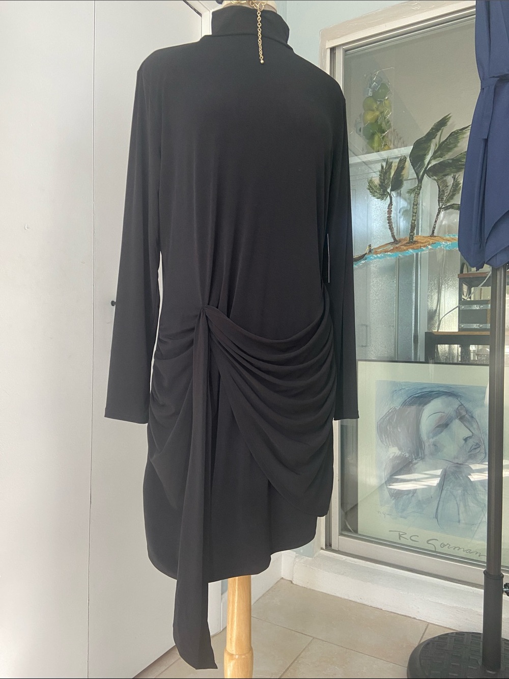 BOLD elements Black Draped Long-Sleeve Turtleneck  Body con Jersey Dress XL